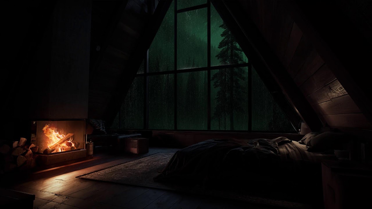 A quiet forest cabin at night with soft rain and fireplace sounds filling the peaceful woods 🌧️🔥🌲