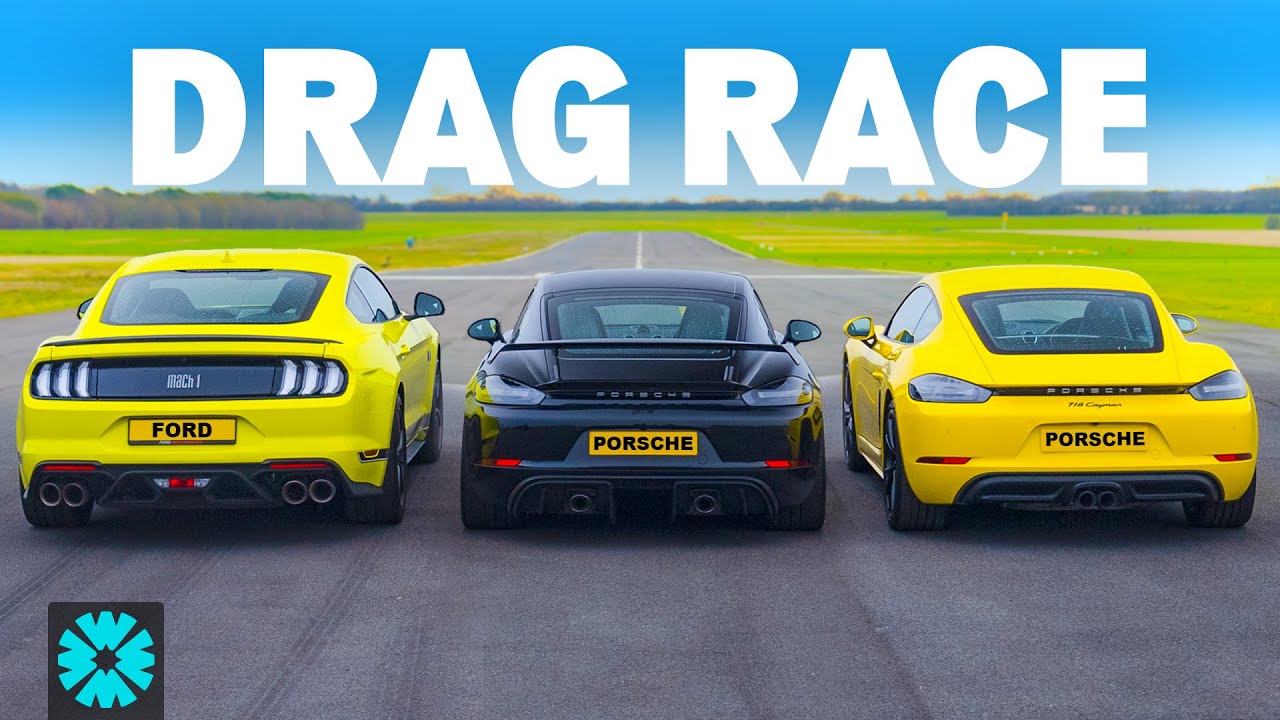 Porsche Cayman GT4 v 718 Cayman v Ford Mustang Mach 1 1/4 MILE RACE