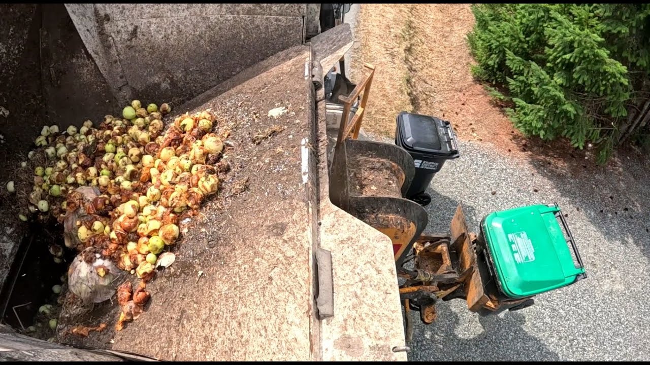 Mack MRU Split Body Labrie Automizer Crushing Down Messy Cedar Trash and Compost