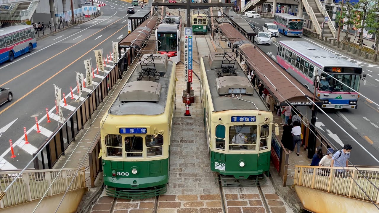【次々来る】長崎市電の路面電車 長崎駅前のY字分岐にて定点観察【俯瞰】