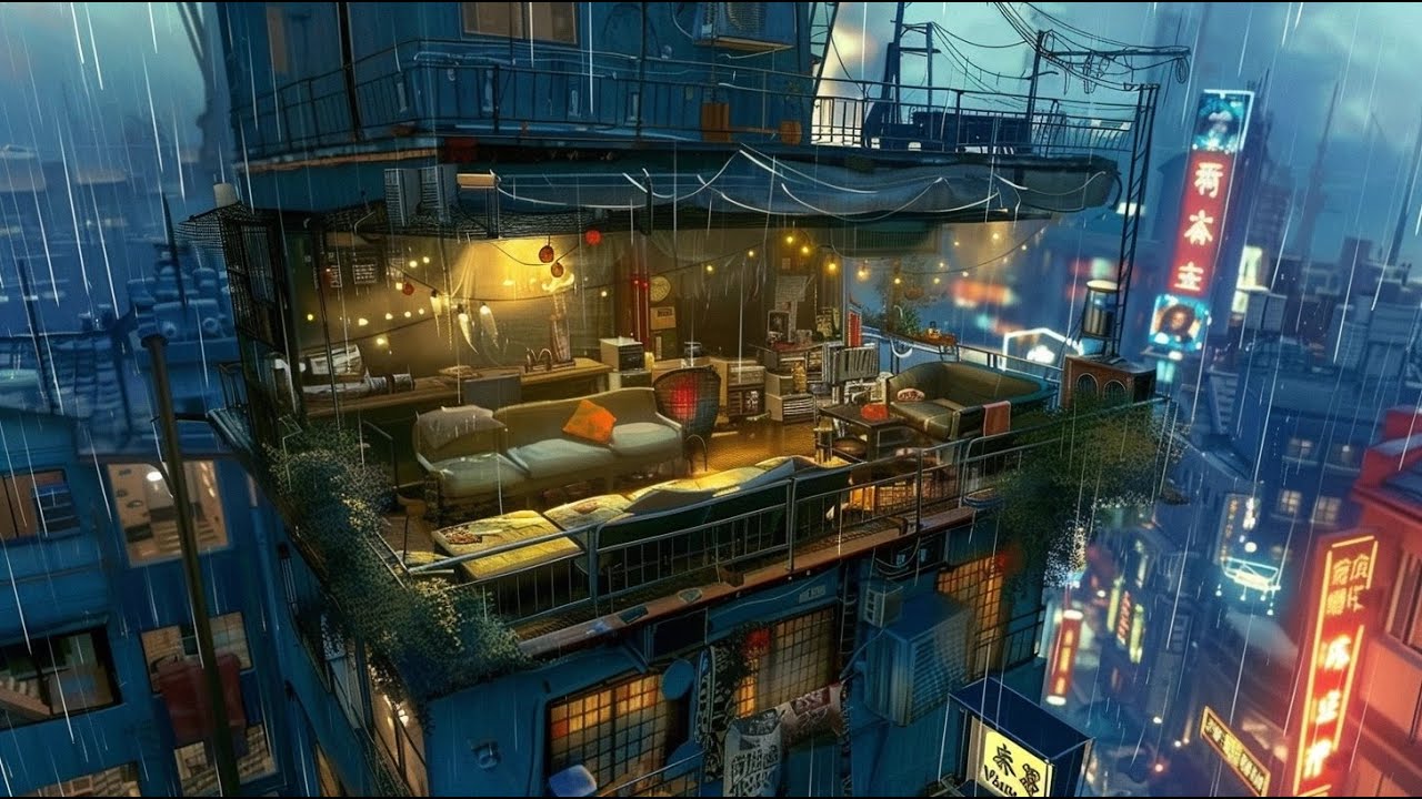 Rainy Cyberpunk Rooftop Loft 🌧️ Neon Anime Aesthetic. Lofi for Sleep, Study and Work