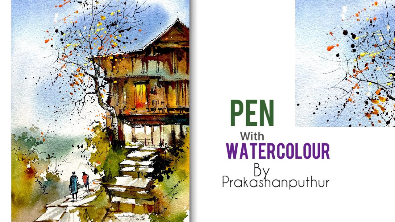 Line-n-wash | watercolor with pen | simple way of painting demo by Prakashanputhur