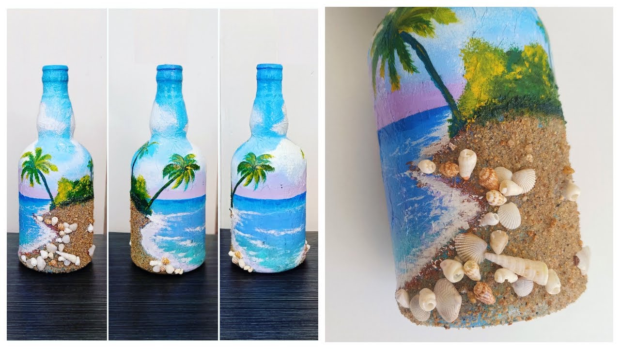 Easy Bottle painting | Bottle Art | Beach Themed Bottle Painting | Amazing DIY Bottle Art at Home