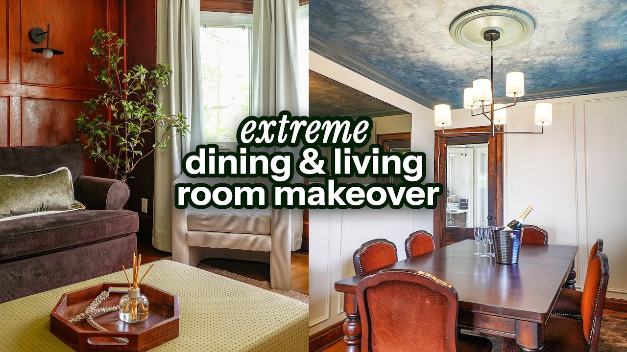 EXTREME living & dining room makeover | wallpaper ceiling, thrifted furniture, upcycles + more!