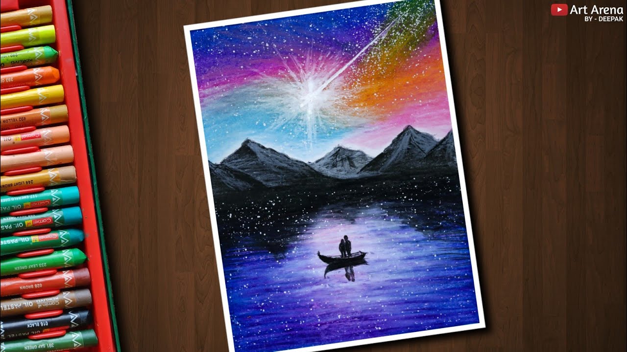 Oil Pastel Step by Step Nightscape Drawing -  Couple on a Boat