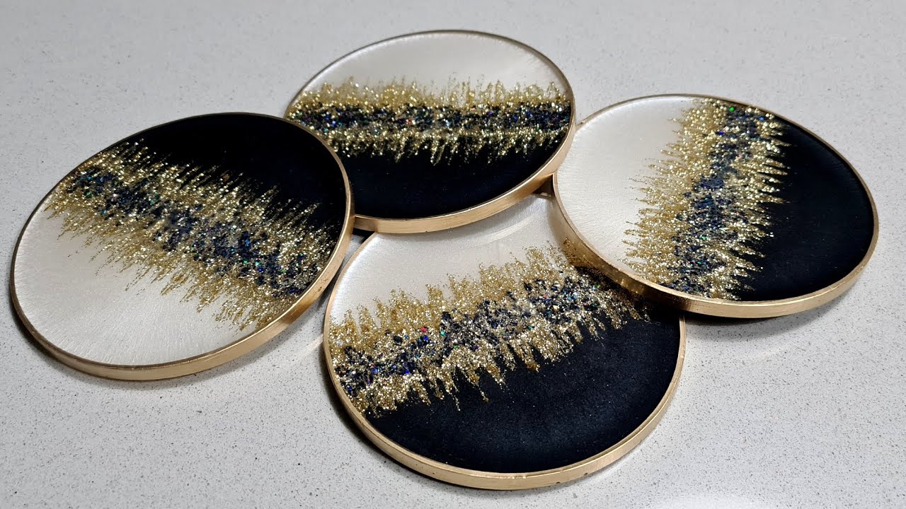 #1274 Gorgeous Black, White And Gold Resin 'Bling'  Coasters