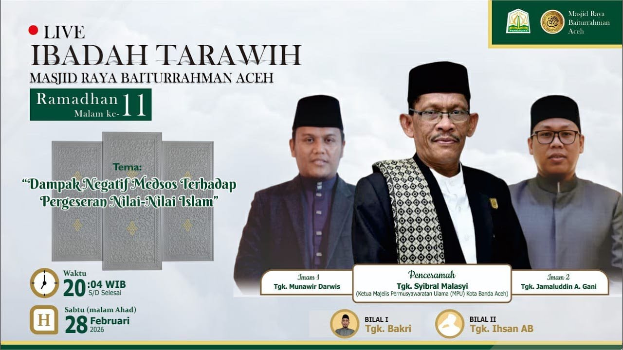 Live Ibadah Tarawih | Masjid Raya Baiturrahman Aceh | Ramadhan Ke-11 | Tgk. Syibral Malasyi