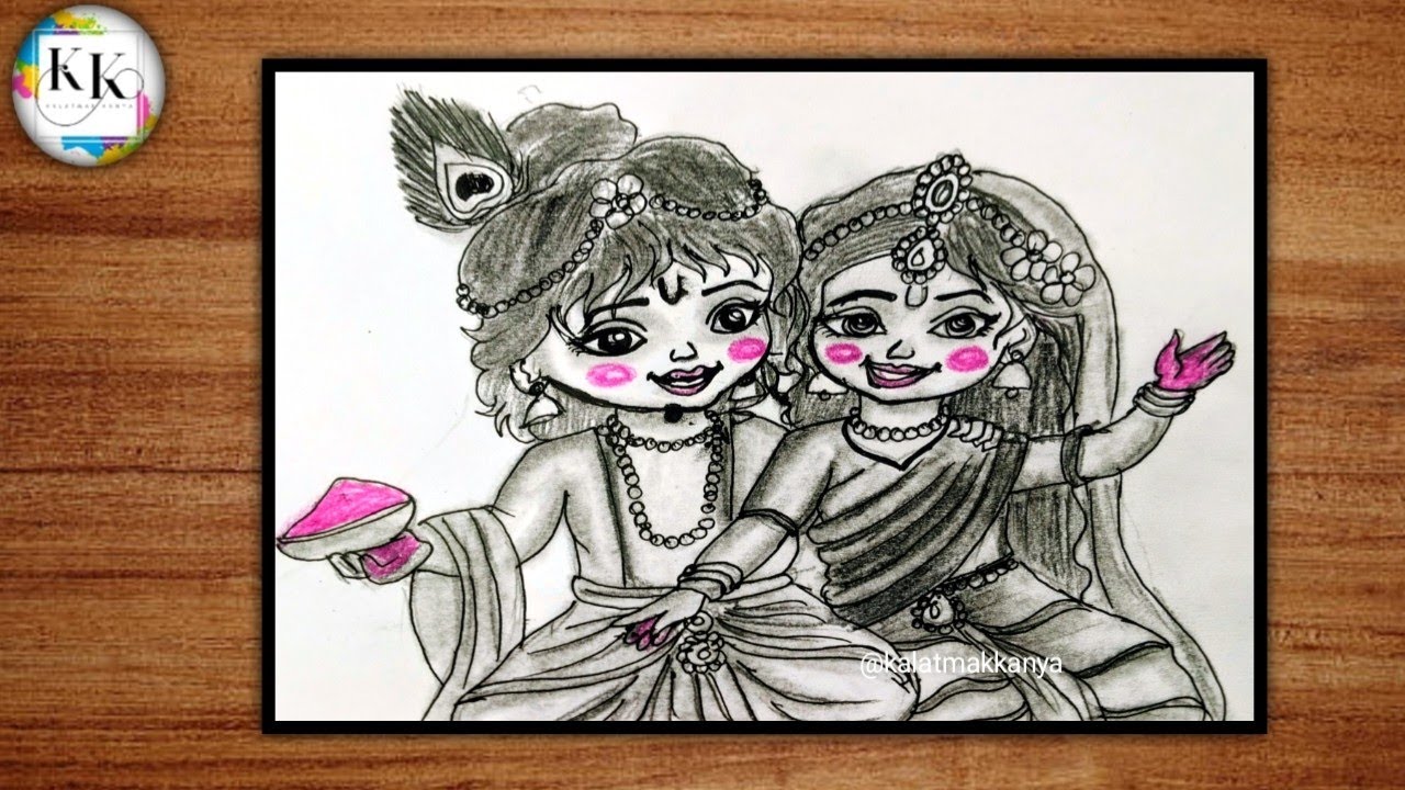 Cute Little Radha Krishna playing holi/Holi ke liye radha krishn ji ki pencil sketch kaise banaye 
