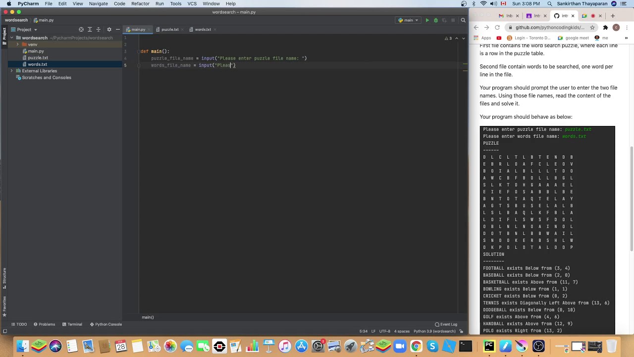 Lesson 17 | Python | Word Search Puzzle | Solution Live Coding