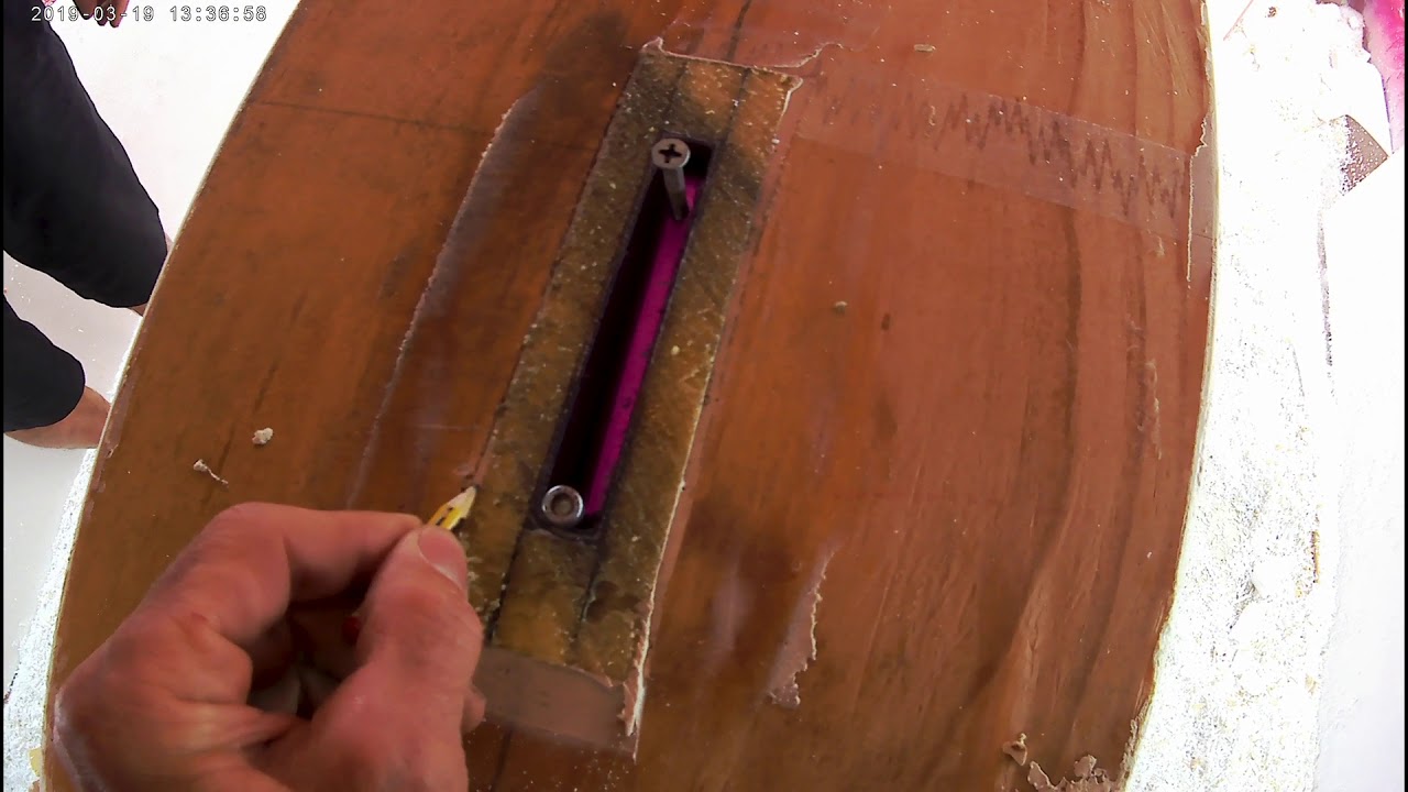 Kite racefoil board, installing tuttle box and footstrap plugs