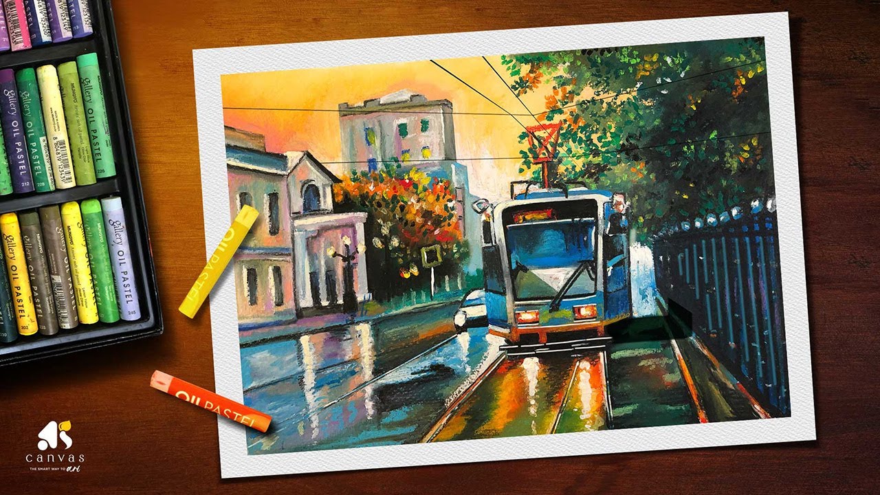 Oil Pastel City Drawing with tram / City Drawing Step by Step With Oil Pastel