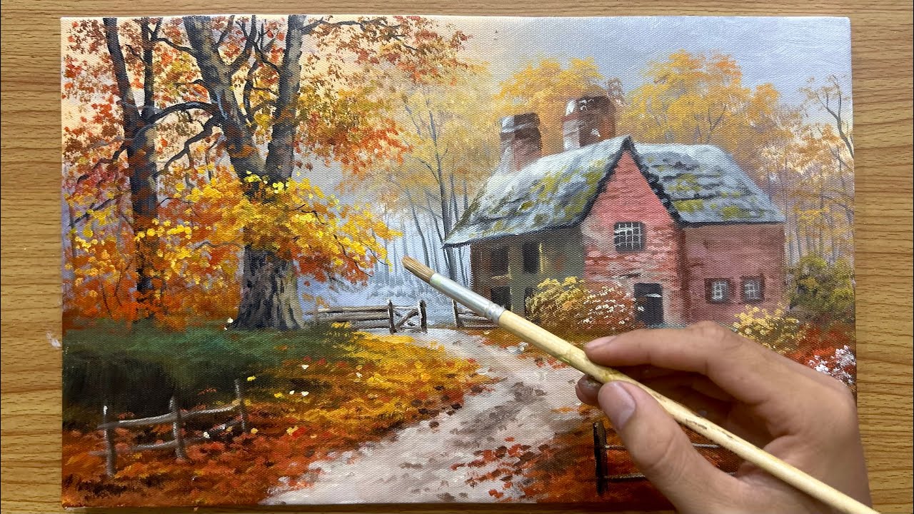 Fall Canvas Painting | How To Paint Autumn Cottage in the Forest | Acrylic Landscape Tutorial