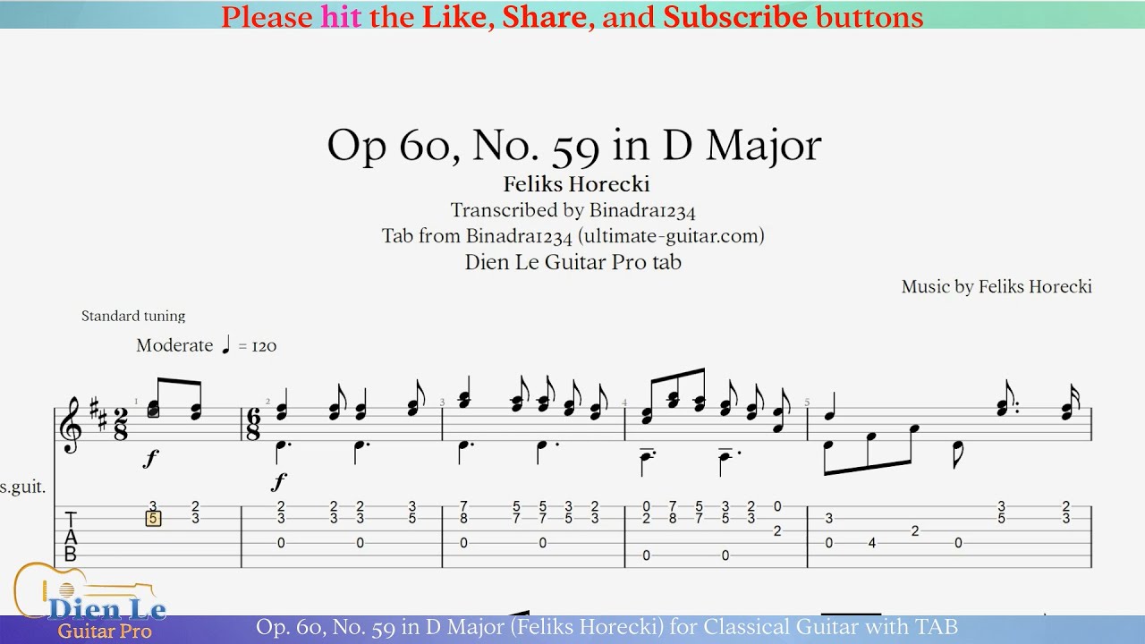 Op. 60, No. 59 in D Major (Feliks Horecki) for Classical Guitar with TAB