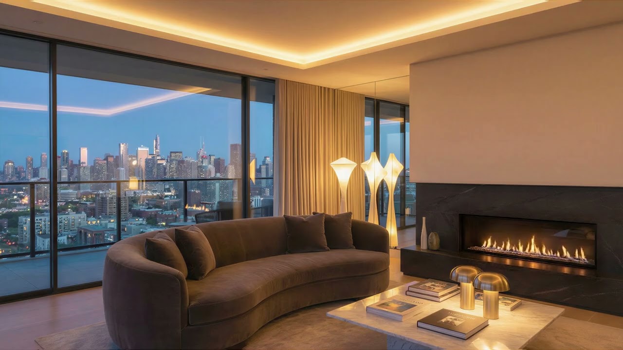 Midnight Penthouse Fireplace | Dark City Lights & Cozy Fire Ambience | 4K 8 Hours Deep Sleep