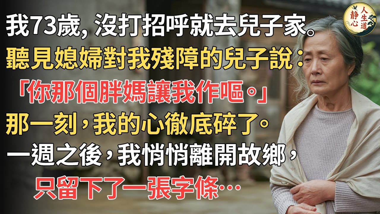 【我73歲】沒打招呼就去兒子家。聽見媳婦對我殘障的兒子說：「你那個胖媽讓我作嘔。」那一刻，我的心徹底碎了。一週之後，我悄悄離開故鄉，只留下了一張字條…#靜心人生道 #情感故事 #老年生活 #母親心聲