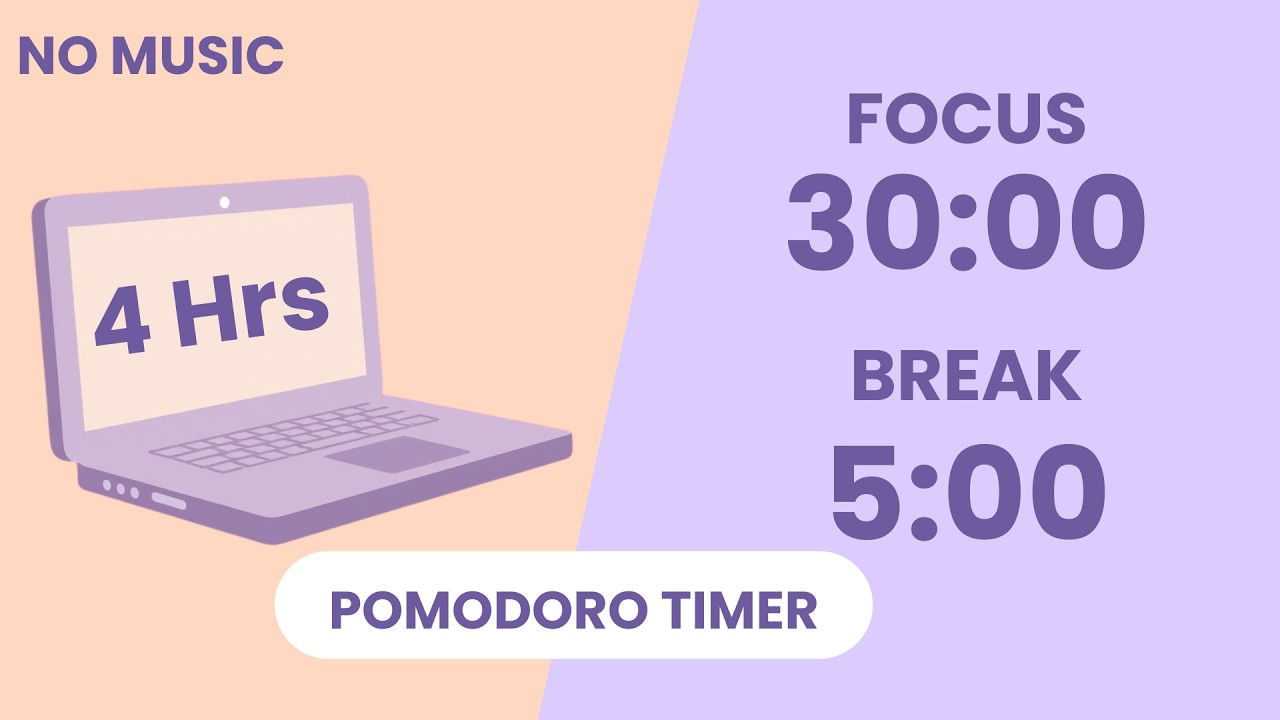4 Hour Pomodoro Timer (30/5) | No Music | Pastel Lavender & Peach Aesthetic
