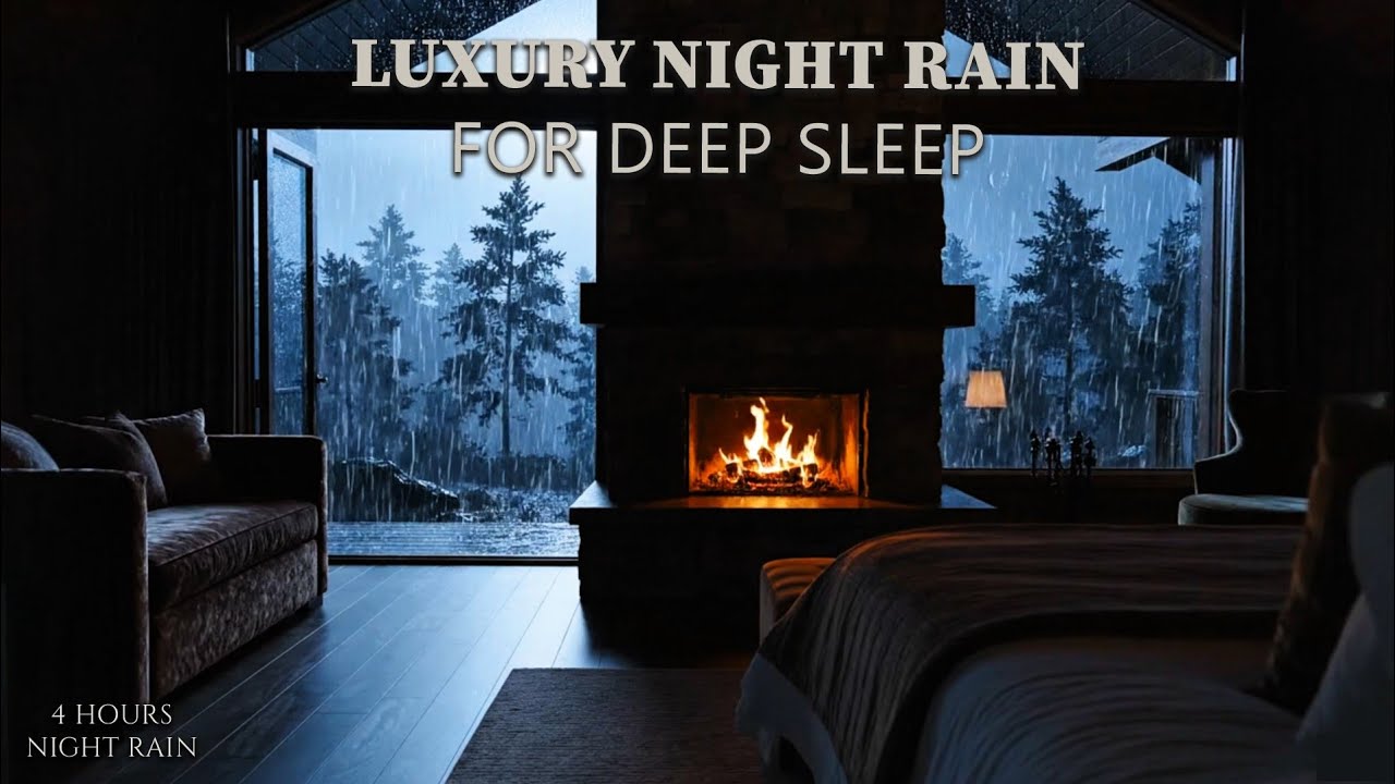 Rain and Fireplace Sounds for Deep Sleep & Stress Relief | Dark Night Bedroom Ambience