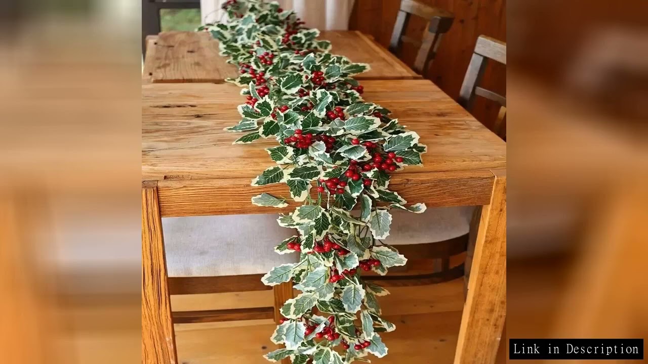 1M Festive Holly Leaves Red Berries Christmas Garland Artificial Greenery for Holiday Decor Wreaths