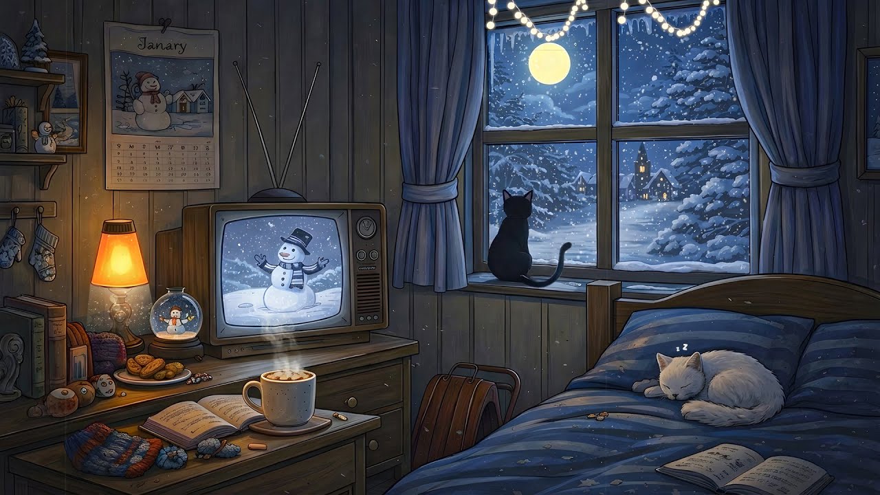 Cozy vintage bedroom 1940's on a snowy night with classic oldies music playing in another room