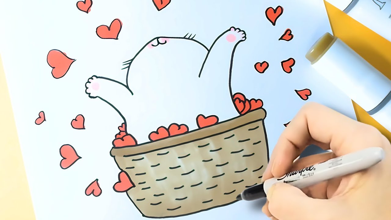 💗Söpö PIIRUSTUS: MITEN PIIRTÄT KISSU SYDÄDILLÄ KORIIN💕💕💕