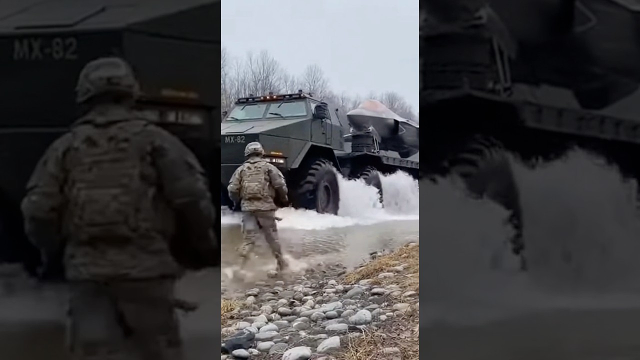 Heavy military transport powers through river crossing 💪🌊😮 