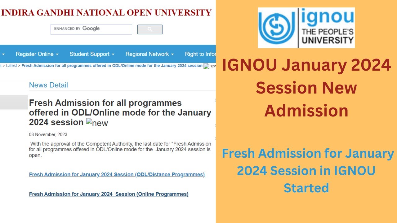 IGNOU January 2024 Session New Admission | Fresh Admission for January 2024 Session in IGNOU Started