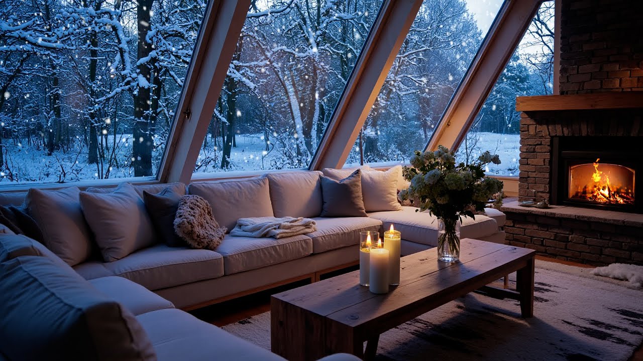 Winter Piano Music in a Peaceful White Room ❄️🎹 | Snowy Window View and Fireplace for 5 Hours