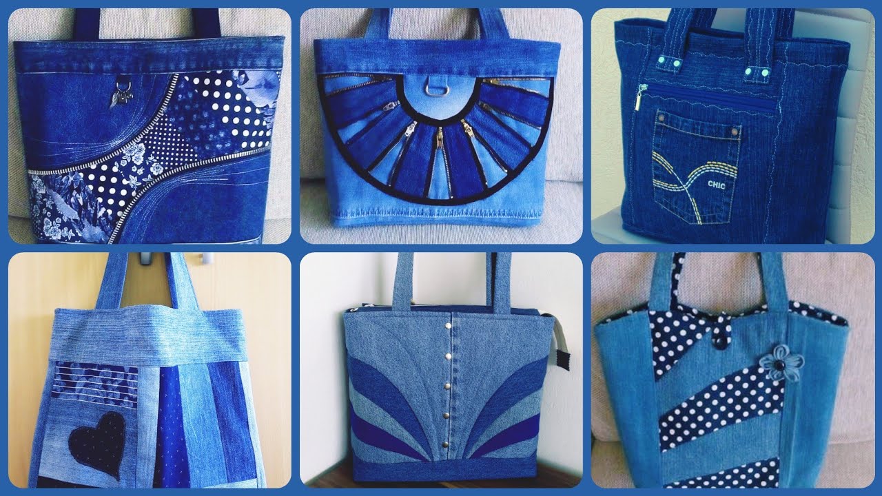 Blue Denim Handbags With Zipper Bordered Insert/Recycled Sling Patchwork Jeans Shoulder Bags