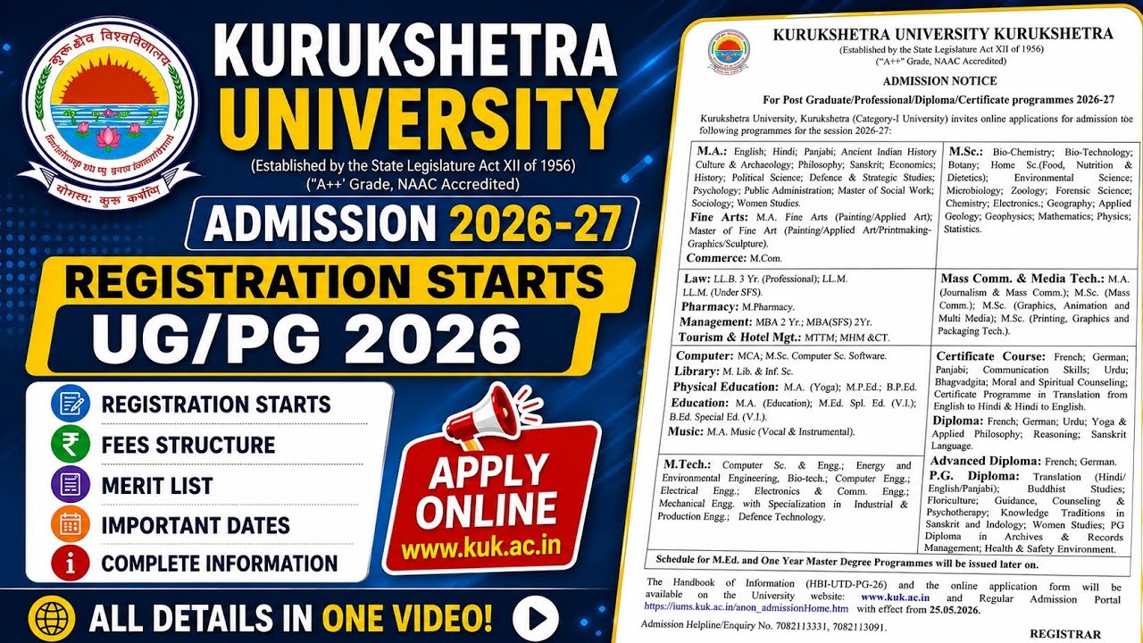 Kurukshetra University PG Regular Admission 2026|Iihs UG/PG admission 2026, Entrance test dates 2026