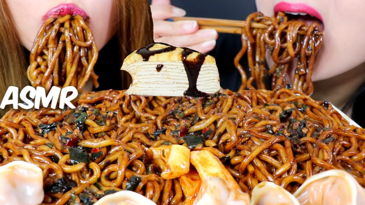 ASMR BLACK BEAN NOODLES + CHOCOLATE CREPE CAKE 짜장면 리얼사운드 먹방 | Kim&Liz ASMR