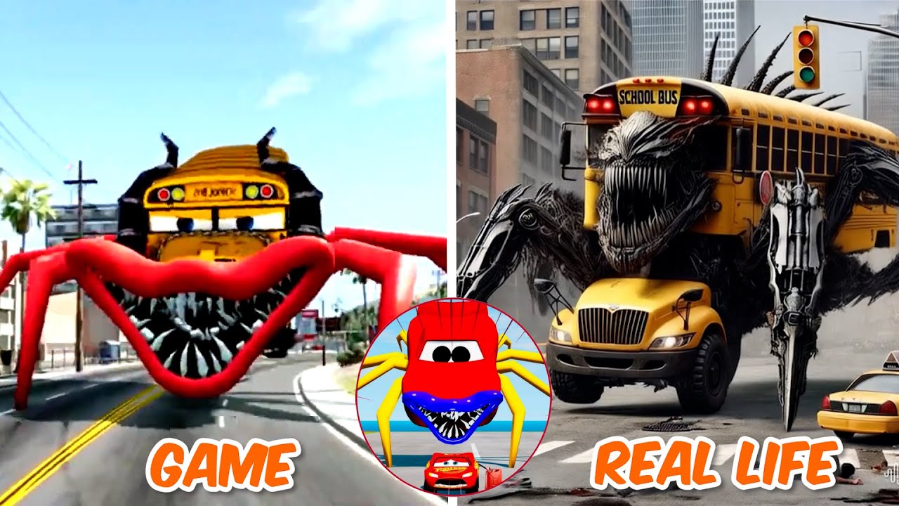 Spider School Bus Head EATER Monster In Real Life |  All Eater Monster | Spinning Wheel Tiles Hop