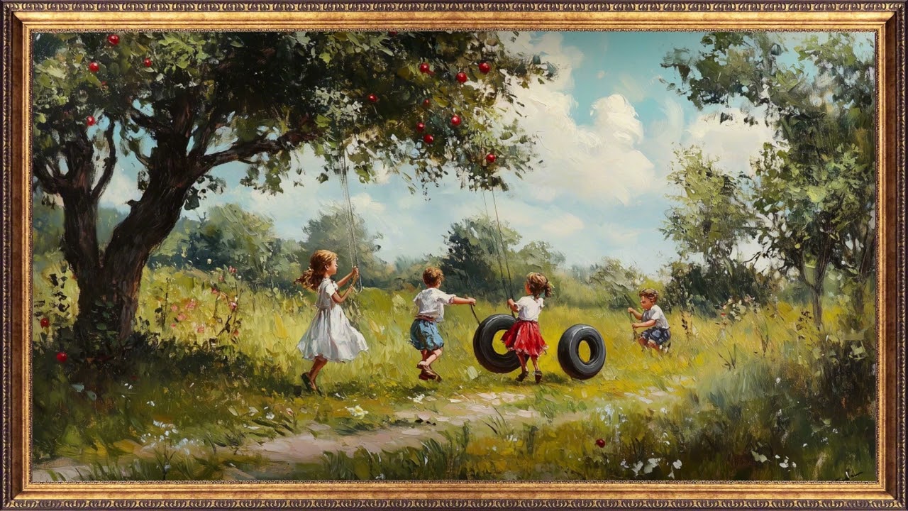 Children in Summer Orchard | TV Wallpaper | Joyful Vintage Countryside TV Art Frame
