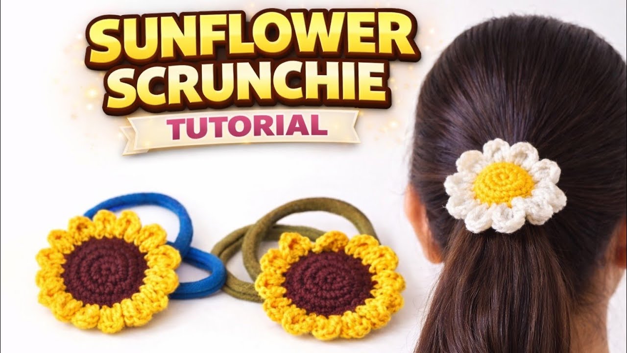 Easy Crochet Sunflower Scrunchie Tutorial 🌻  No Glue No Sew. Beginner friendly. 