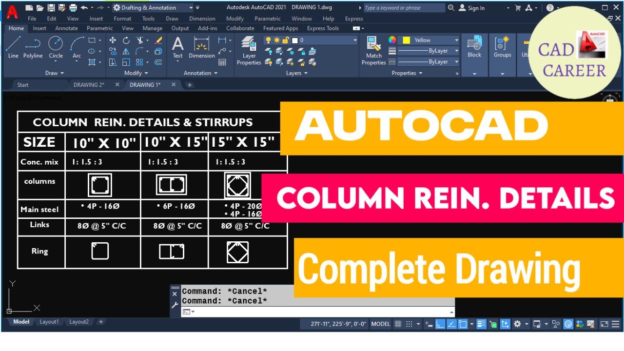 Column Reinforcement details in AutoCAD || Complete Drawing || Column Rod Details || Civil Engineer