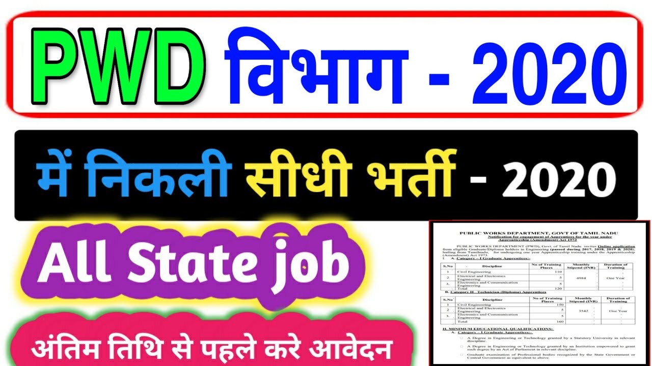 Public Work Department Recruitment 2020 | PWD Vacancy 2020 | सरकारी नौकरी 2020 | Govt Jobs 2020 pwd