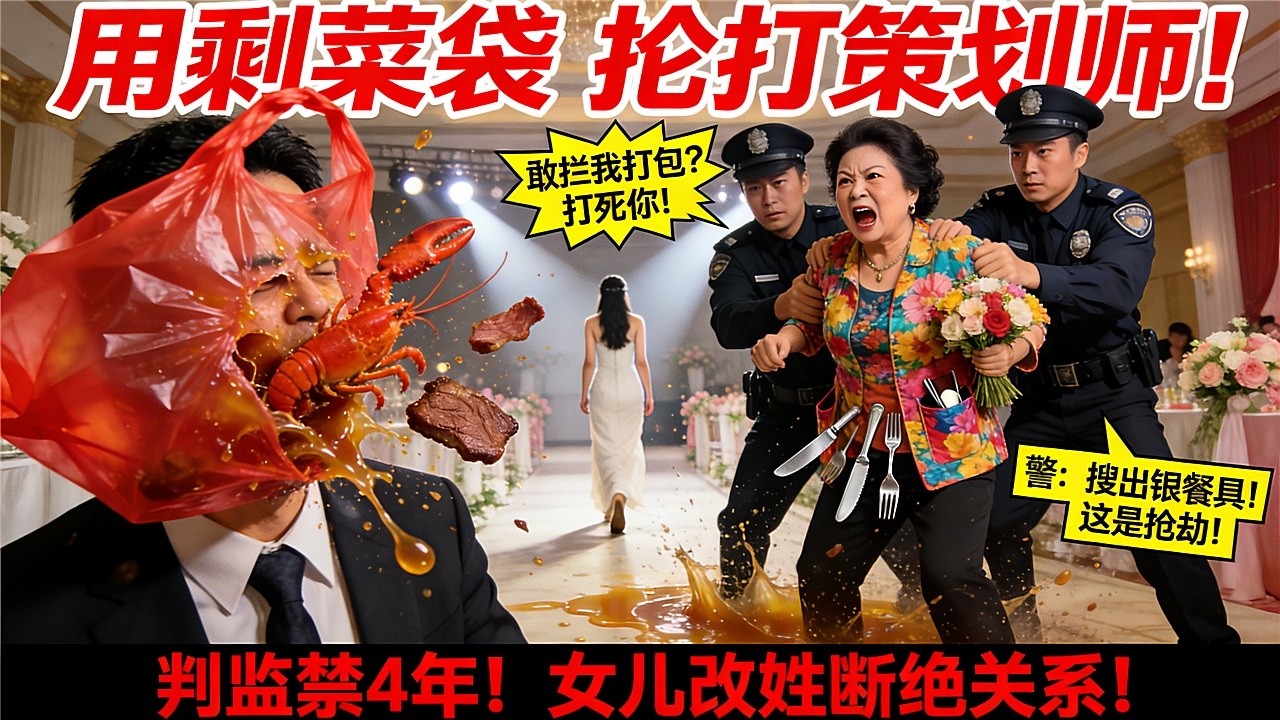 中国大妈混进华人豪门婚礼疯狂打包龙虾牛排！用剩菜袋抡打策划师！警察搜身搜出银餐具手捧花！四年监禁+五万赔偿+终身禁入+女儿改姓断绝关系！