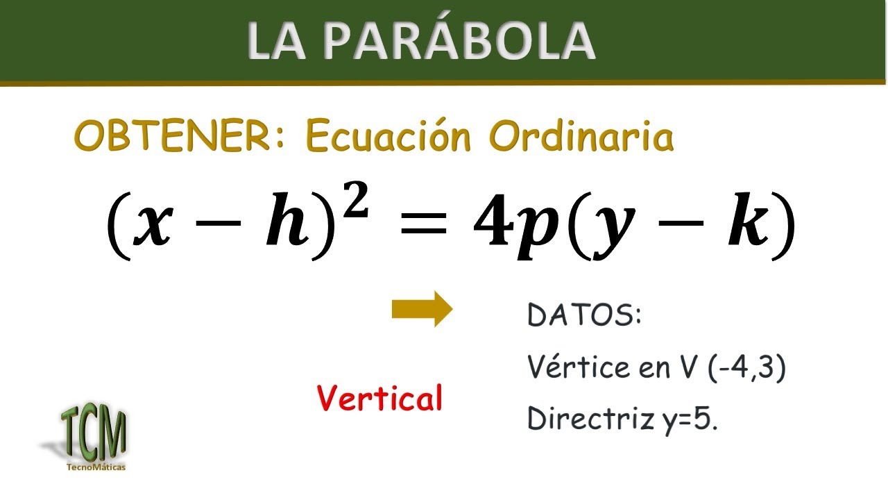 Como obtener la Ecuacion Ordinaria de la parabola | Datos: vertice y directriz | Ejemplo1 | Vertical