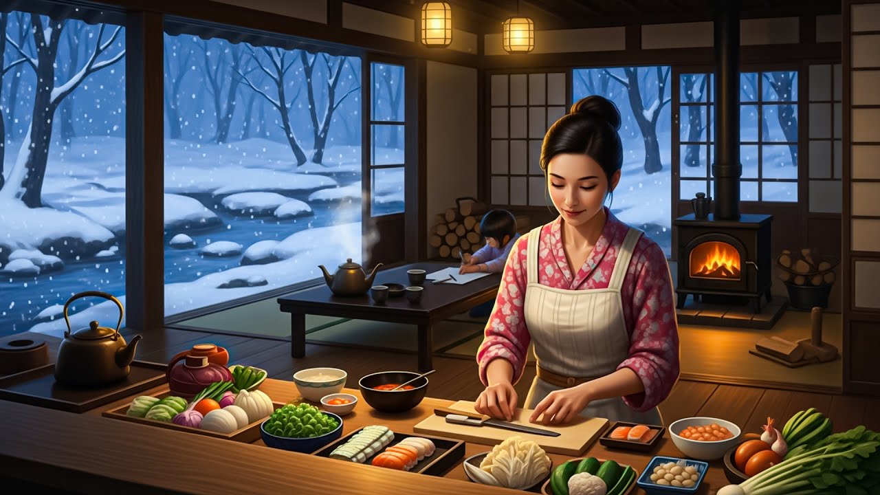A Winter Hearth by the Stream ❄️ Mother Sino Cooks a Traditional Japanese Meal as Snow Falls Quietly