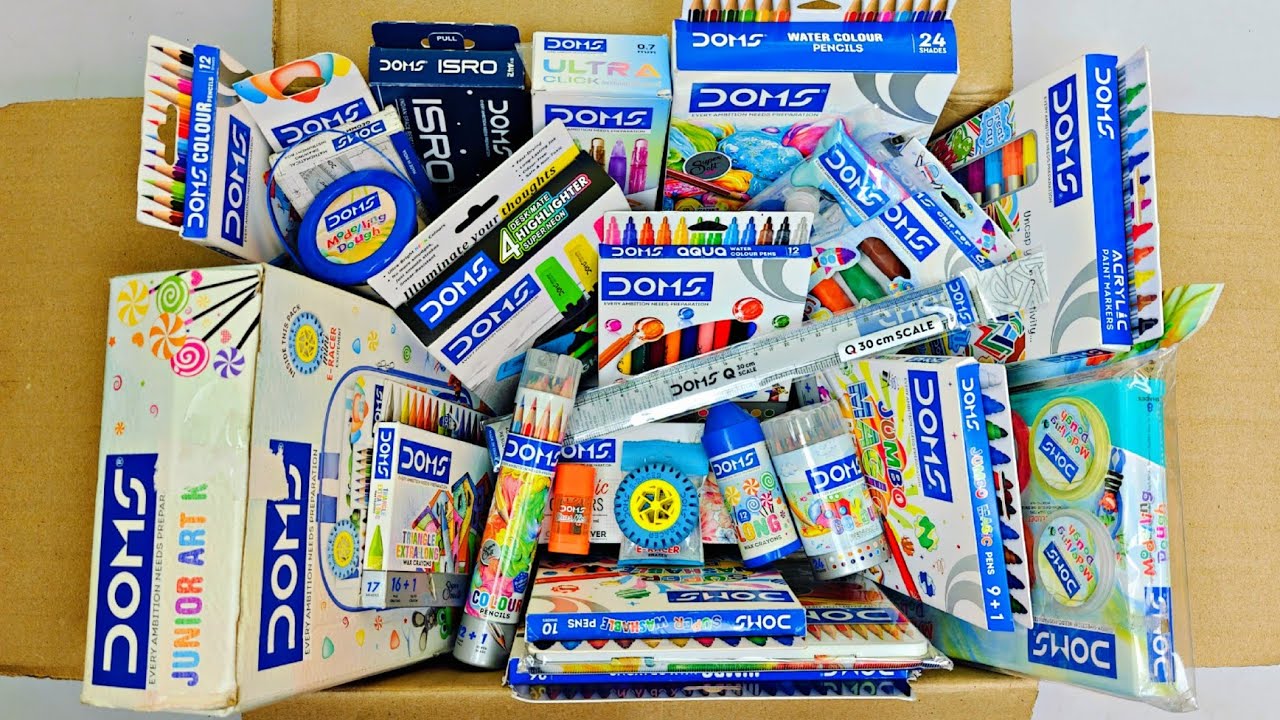 Unboxing New DOMS Stationery - Poster colour, Oil Pastel, Plastic Crayons, Pencil, Floating Pen