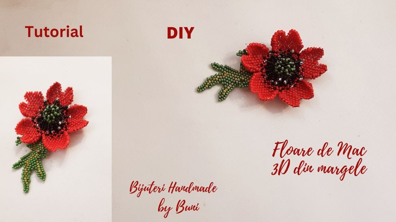Floare de mac 3D din margele - tutorial broșa/ beaded  poppy Flower 3D brooch