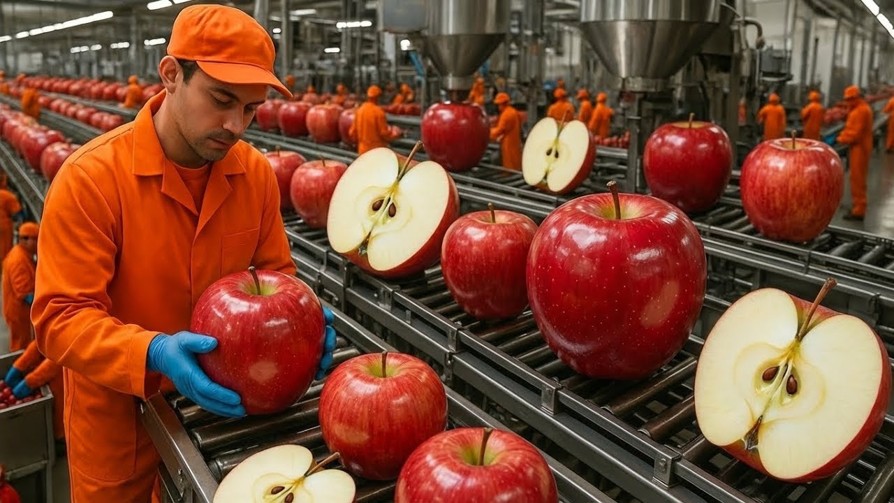 현대적인 사과 가공 공장 내부: 농장에서 맛있는 음료가 되기까지 (전 과정)
