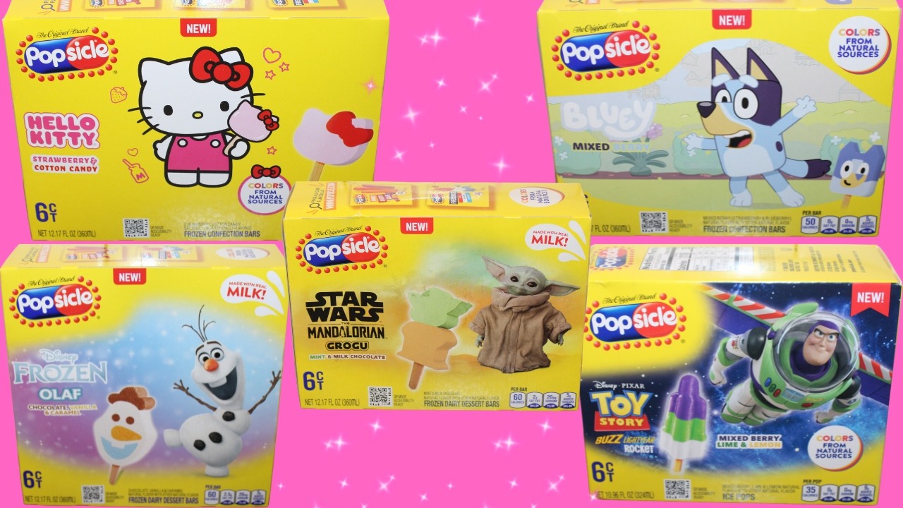 Popsicle: Hello Kitty, Bluey, Star Wars Mandalorian, Disney Frozen Olaf, Toy Story Buzz Lightyear