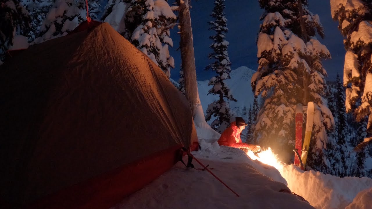 Silent Night Winter Camping on Side of Mountain, Backcountry Ski Tour Deep Powder Snow Adventure!