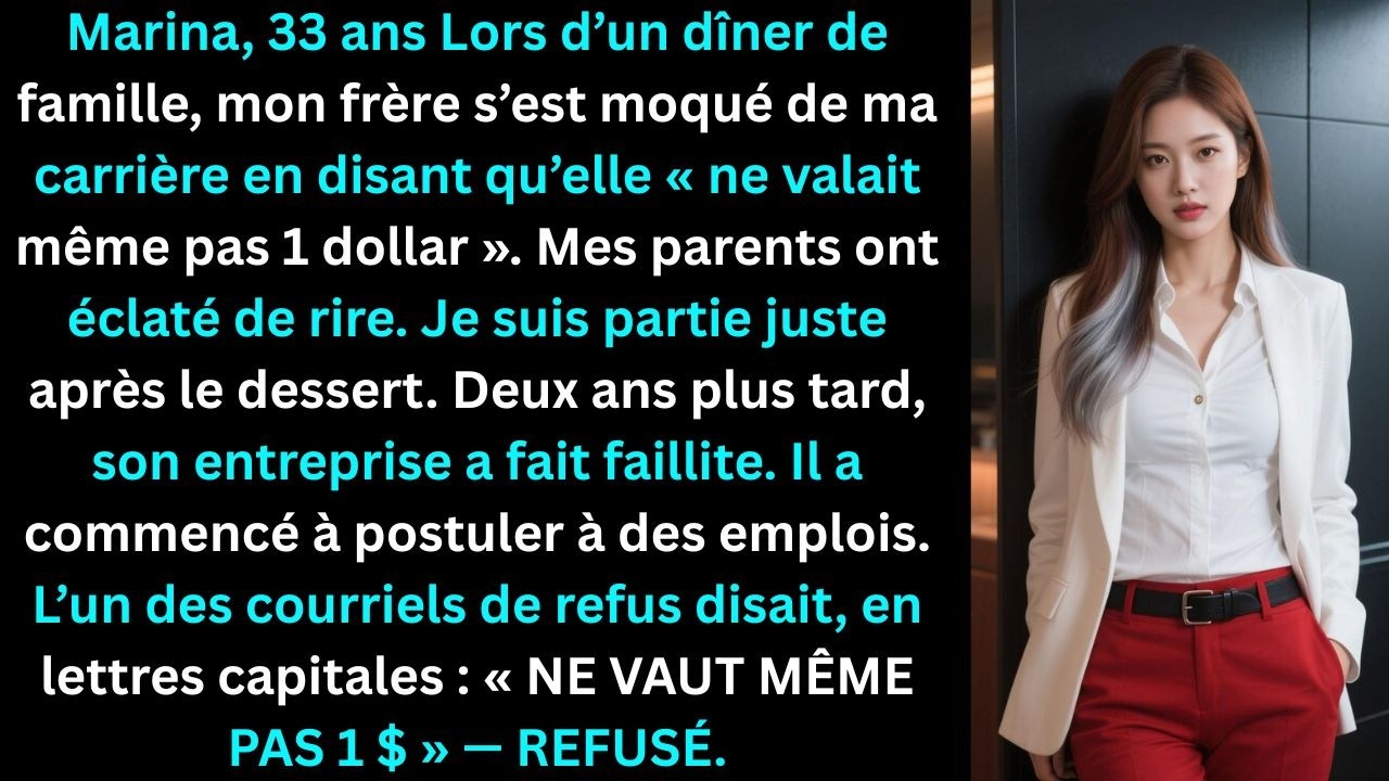 Lors d’un dîner de famille, mon frère a humilié ma carrière — deux ans plus tard…