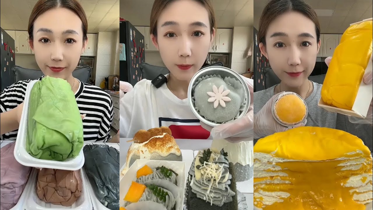 ASMR 🍵 Matcha Towel Roll,Custard Crepe & Black Sesame Dessert| Soft & Satisfying Eating Sounds #asmr