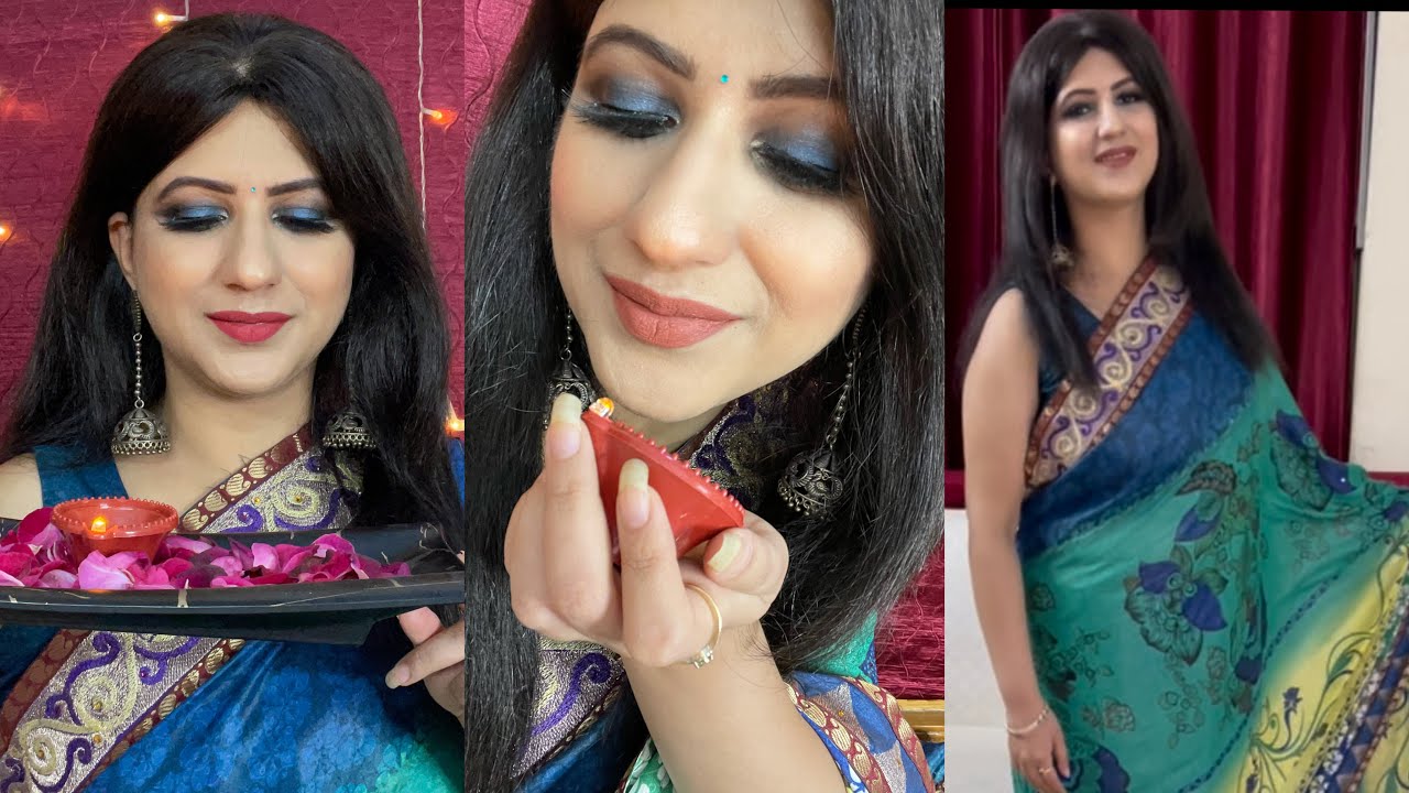 Diwali Glam Makeup Tutorial 2021 | Blue Black Smokey Eye Makeup with Green eyeliner effect | Amazon