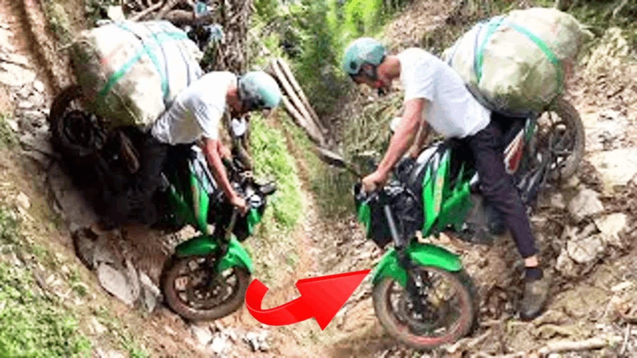 The motorcycle was so powerful that it almost threw the people and cargo off the cliff!