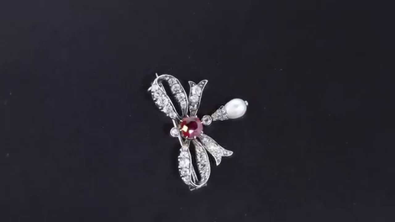 Antique Pearl Diamond and Ruby Bow  Brooch M1205