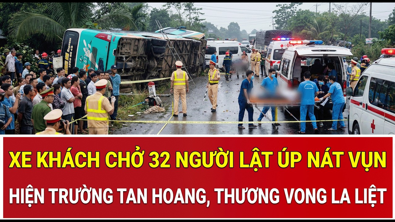 Kinh hoàng cảnh xe khách chở 32 người lật nát vụn, hiện trường tan hoang, thương vong la liệt