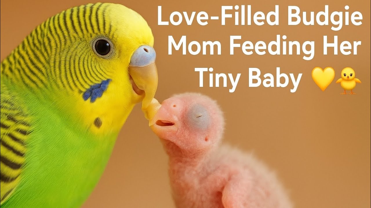 «غذادادن عاشقانهٔ مامان مرغ‌عشق به جوجه کوچولو 🐦💛🐣»“Love-Filled Budgie Mom Feeding Her Tiny Baby 🐦💛🐣